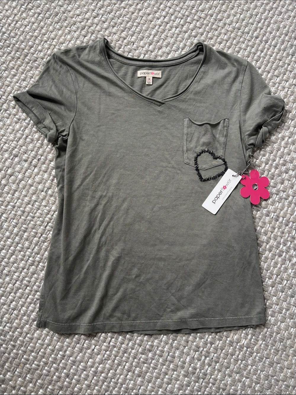 Paper Tee Olive Green Short-Sleeve V-Neck Pocket Tee with Heart Accent